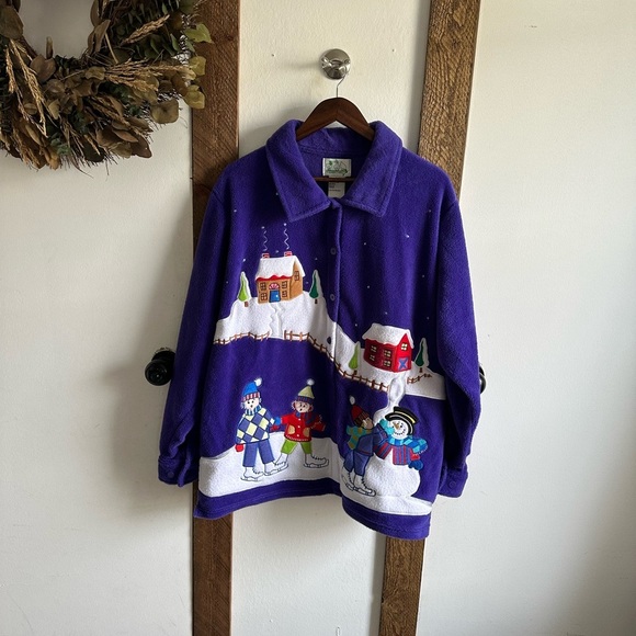 Quacker Factory Christmas Sweater Jacket XL Purple Cardigan Snowman Button Down - Picture 5 of 16
